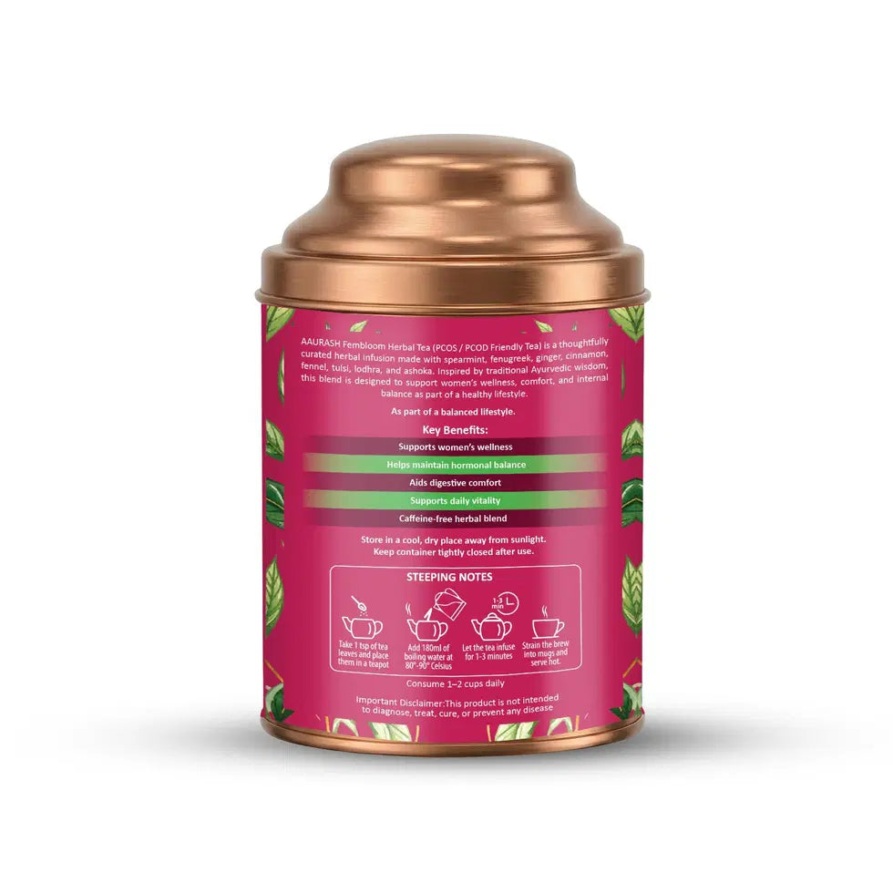 Aaurash Fembloom Herbal Tea | Women Wellness Support Tea | Supports Hormonal Balance, PCOS/PCOD Care & Period Comfort | Natural Caffeine-Free Herbal Tea (60)gm