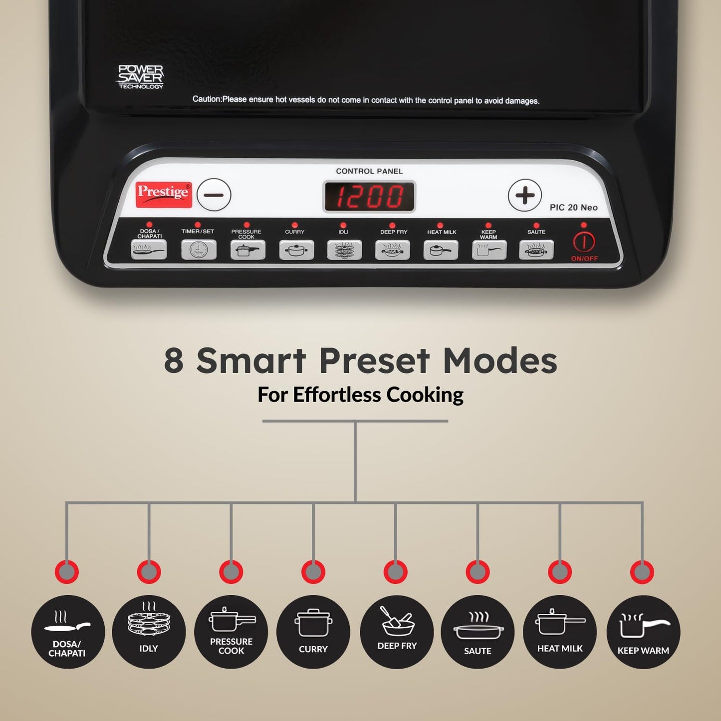Prestige Pic 20 Neo Induction Cooktop 1600W|Indian Menu Options| Automatic Voltage Regulator| Timer With User Pre-Set, Manual, Black