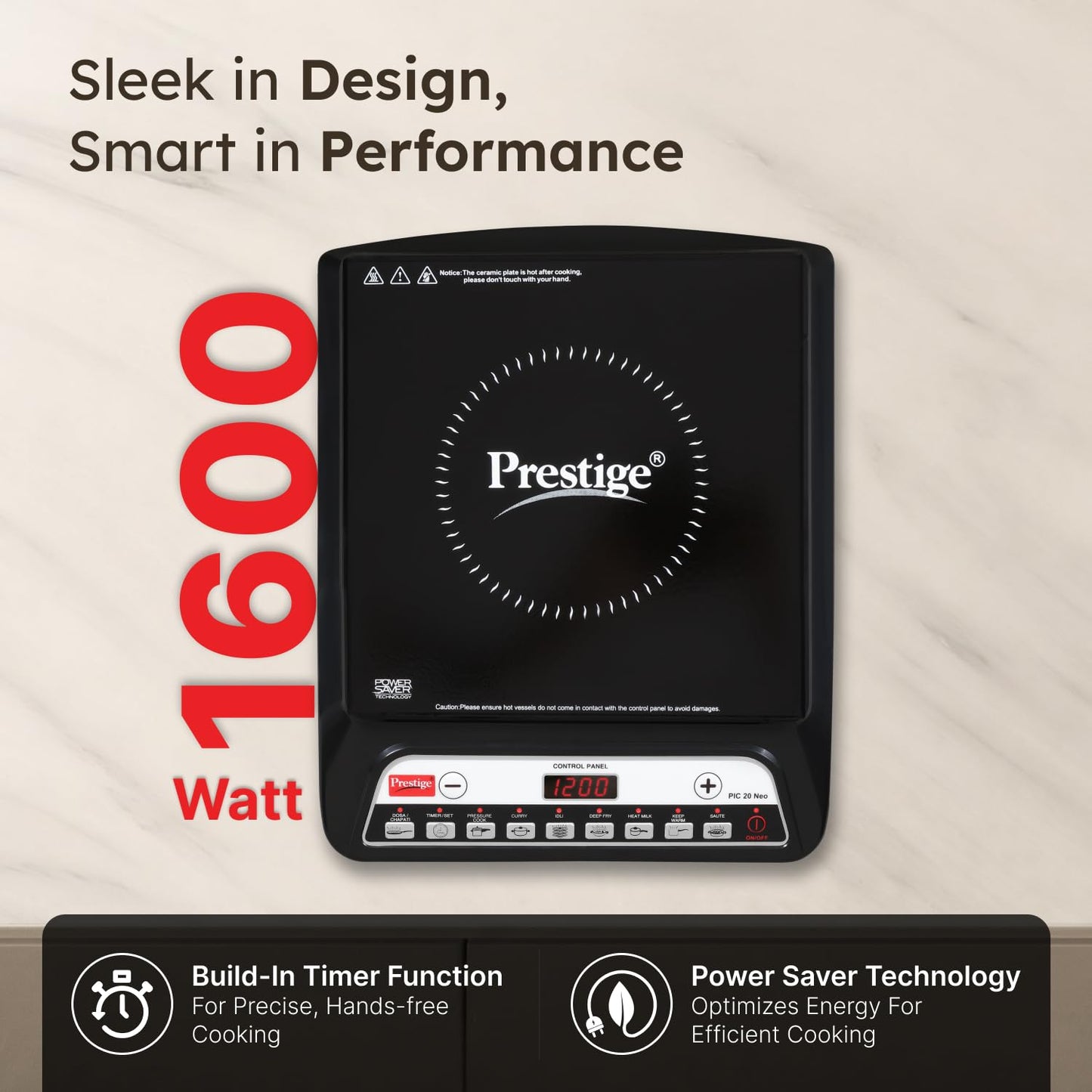Prestige Pic 20 Neo Induction Cooktop 1600W|Indian Menu Options| Automatic Voltage Regulator| Timer With User Pre-Set, Manual, Black