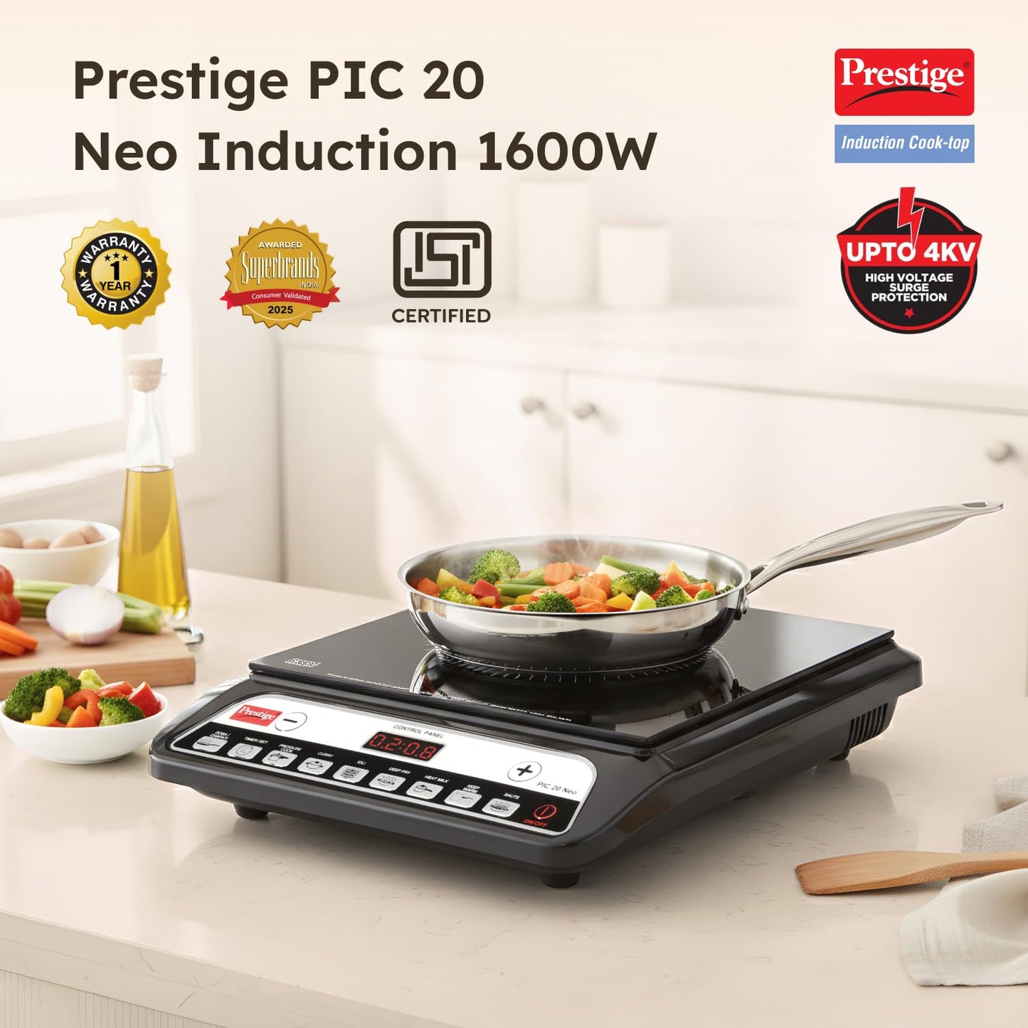 Prestige Pic 20 Neo Induction Cooktop 1600W|Indian Menu Options| Automatic Voltage Regulator| Timer With User Pre-Set, Manual, Black