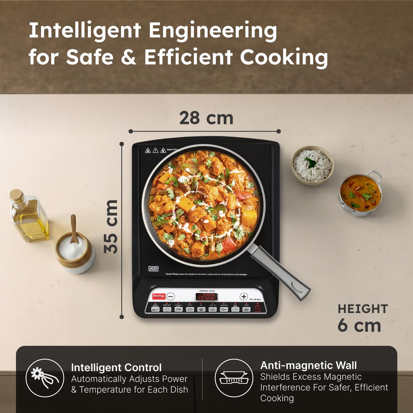 Prestige Pic 20 Neo Induction Cooktop 1600W|Indian Menu Options| Automatic Voltage Regulator| Timer With User Pre-Set, Manual, Black