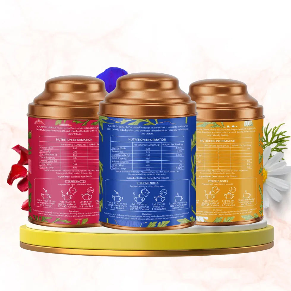 Aaurash Chamomile Tea, Blue Tea & Rose Tea Combo | 100% Natural Flower Tea | Caffeine-Free Herbal Tea | Supports Relaxation, Better Sleep & Skin Health | Rich in Antioxidants