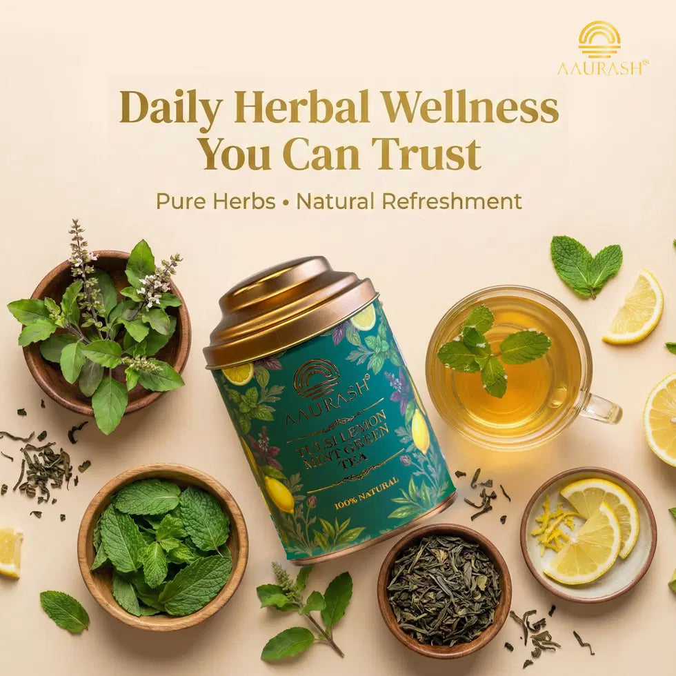Aaurash Tulsi Lemon Mint Green Tea | Lemon Mint Flavor | Refreshing Blend | Loose Tea Tulsi Herbal Tea Tin (60 g)