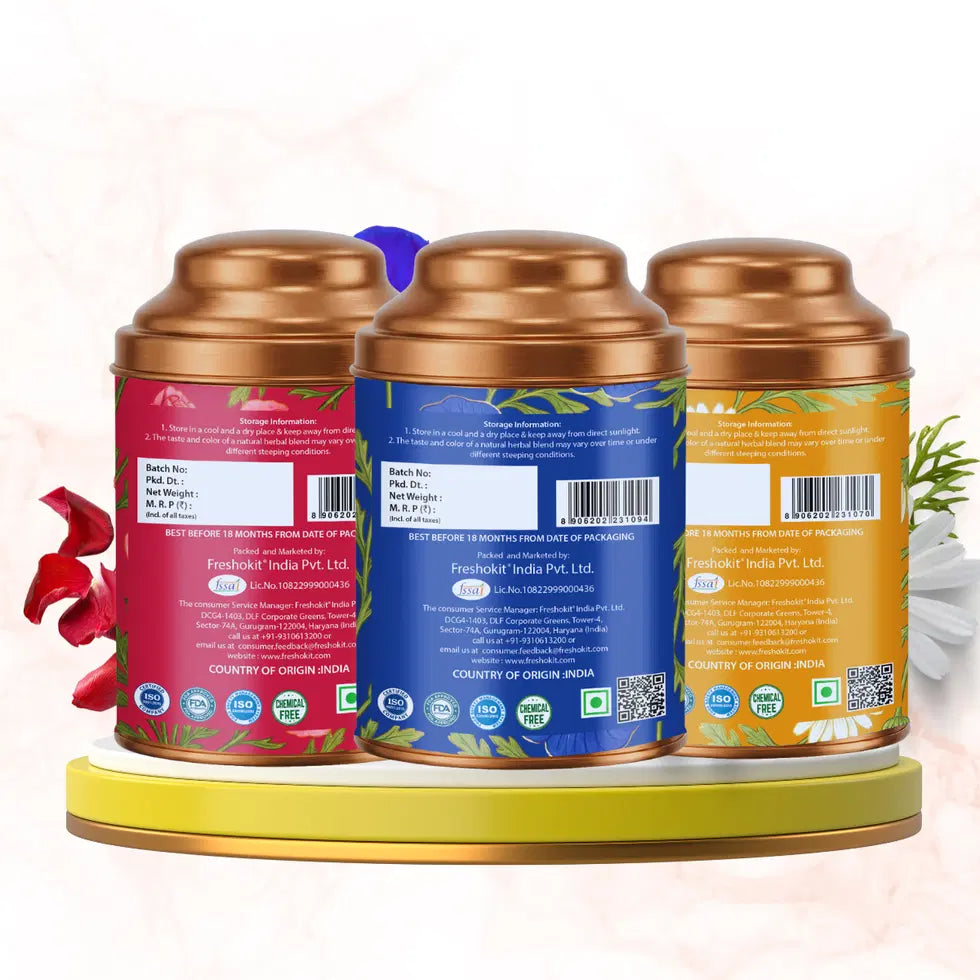 Aaurash Chamomile Tea, Blue Tea & Rose Tea Combo | 100% Natural Flower Tea | Caffeine-Free Herbal Tea | Supports Relaxation, Better Sleep & Skin Health | Rich in Antioxidants
