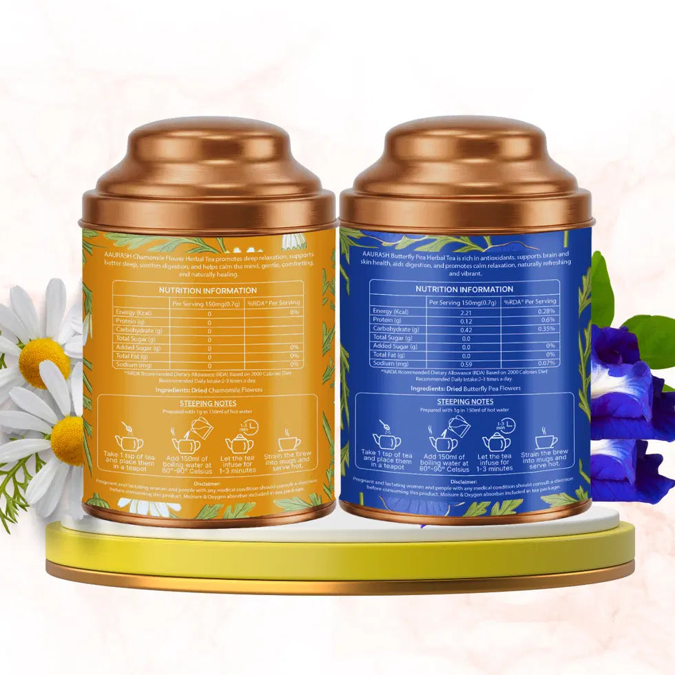 Aaurash Chamomile Tea & Blue Tea Combo | 100% Natural Flower Tea | Caffeine-Free Wellness Tea | Supports Relaxation, Better Sleep & Skin Health | Rich in Antioxidants Herbal Tea